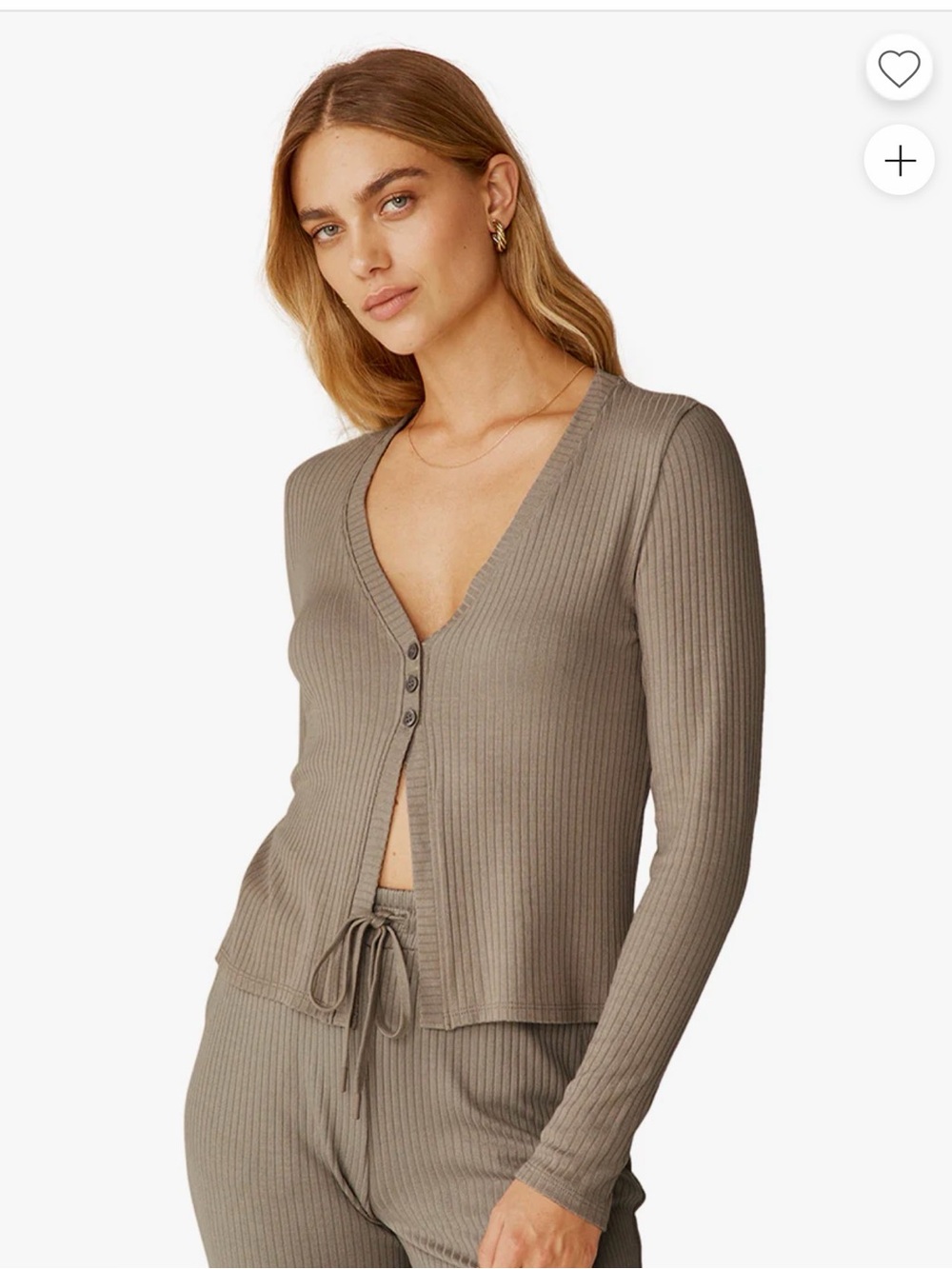Beyond Yoga Ribbed V-Neck Button Cardigan in Taupe